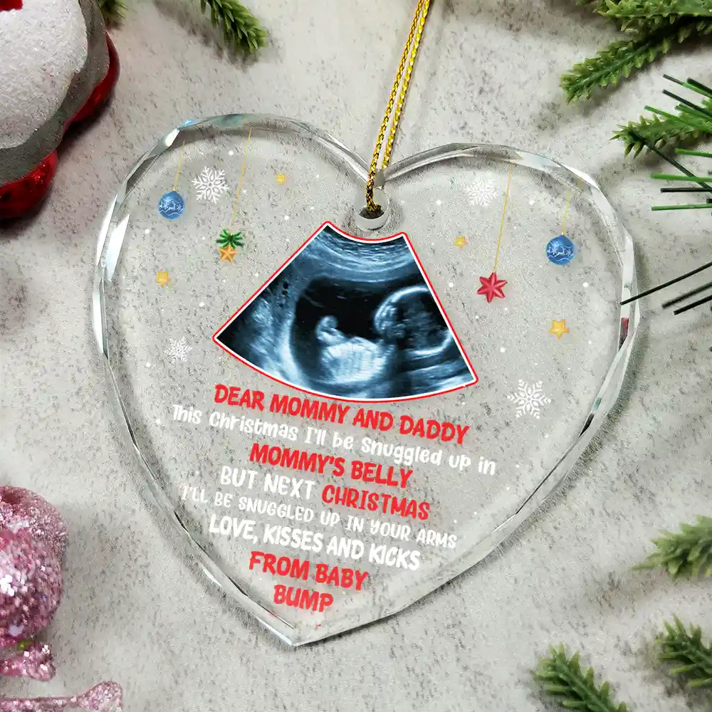 Custom Photo This Christmas I'll Be Snuggled Up Newborn Baby - Personalized Heart Shaped Glass Ornament - Image 4
