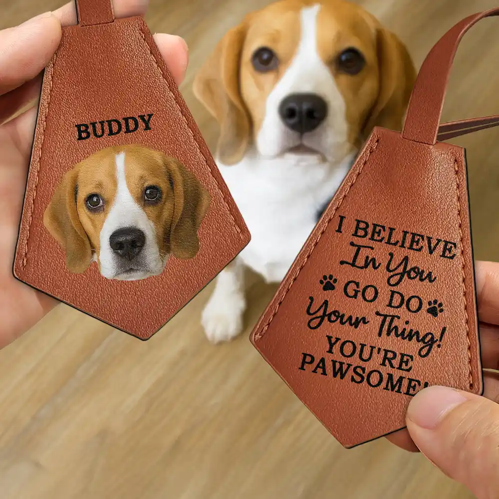 Custom Photo This Human Belongs To - Personalized Tag Shaped Leather Keychain With Stitching - Image 3