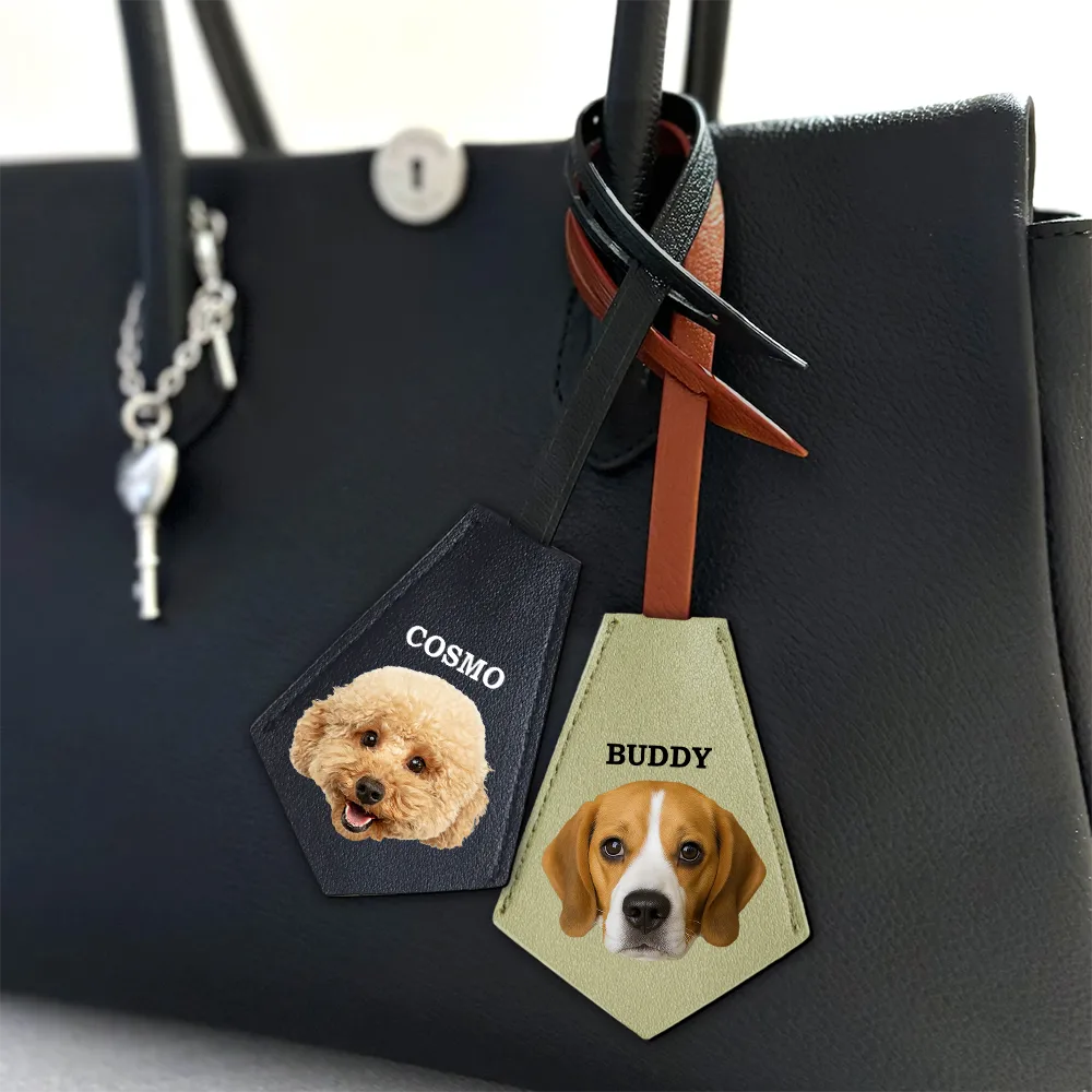 Custom Photo This Human Belongs To - Personalized Tag Shaped Leather Keychain With Stitching - Image 7