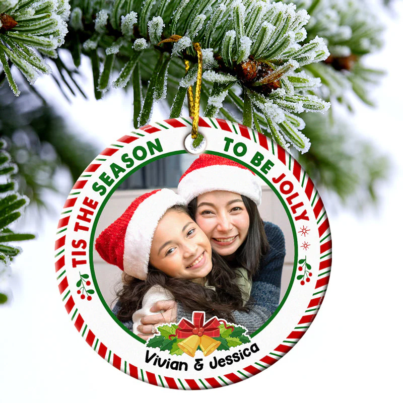 Custom Photo Tis The Season To Be Jolly Family Siblings - Christmas Gift For Family - Personalized Custom Circle Ceramic Ornament - Image 3