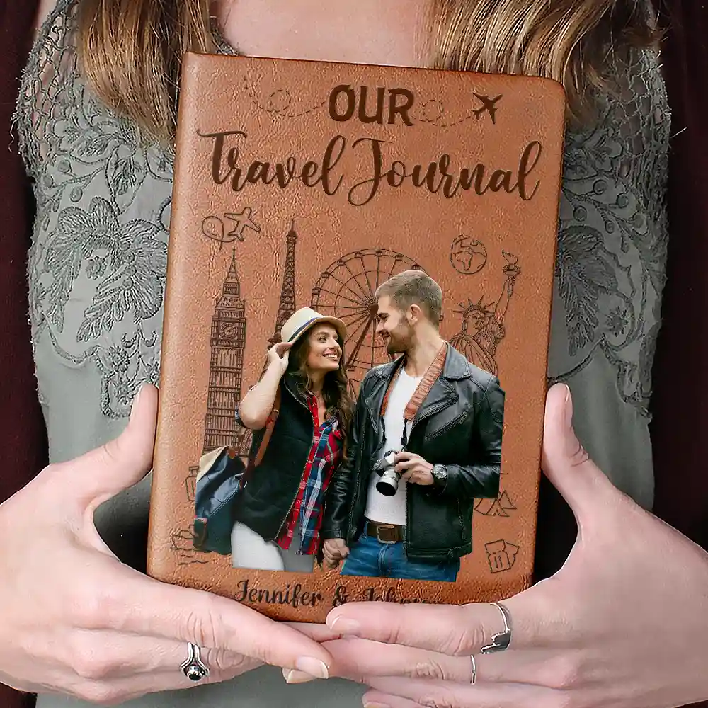 Custom Photo Travel Couple Our Adventure Book - Personalized Leather Journal - Image 5