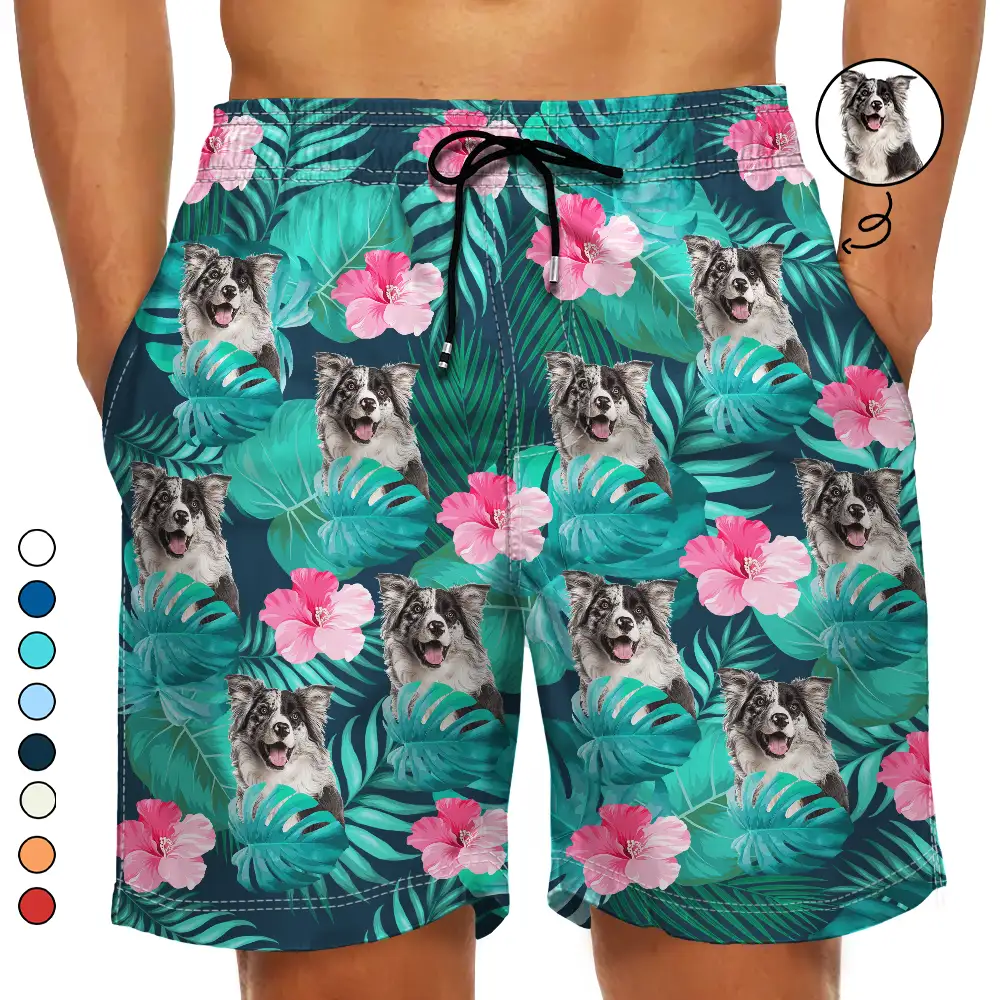 Custom Photo Tropical Leaves Funny Family Pet Face - Personalized Unisex Beach Shorts