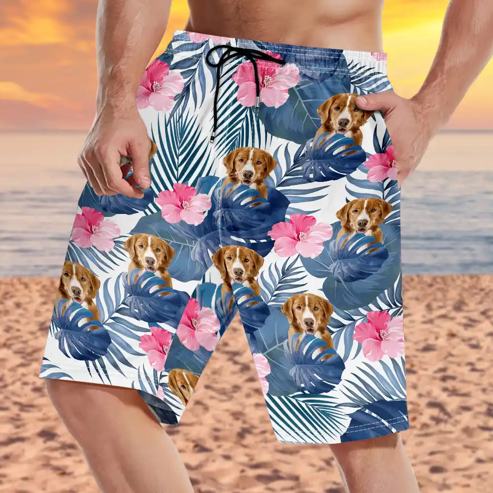 Custom Photo Tropical Leaves Funny Family Pet Face - Personalized Unisex Beach Shorts - Image 4