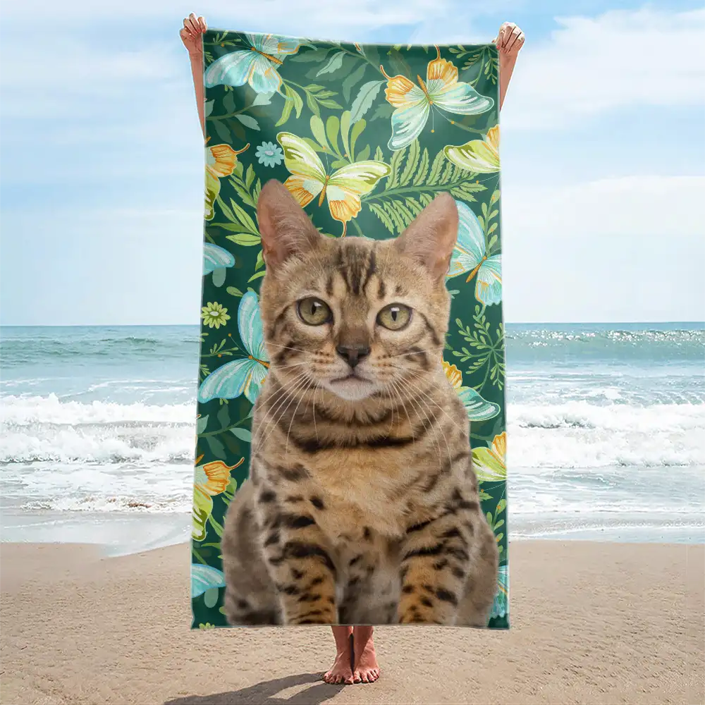 Custom Photo Tropical Leaves Pet Face - Personalized Beach Towel - Image 3