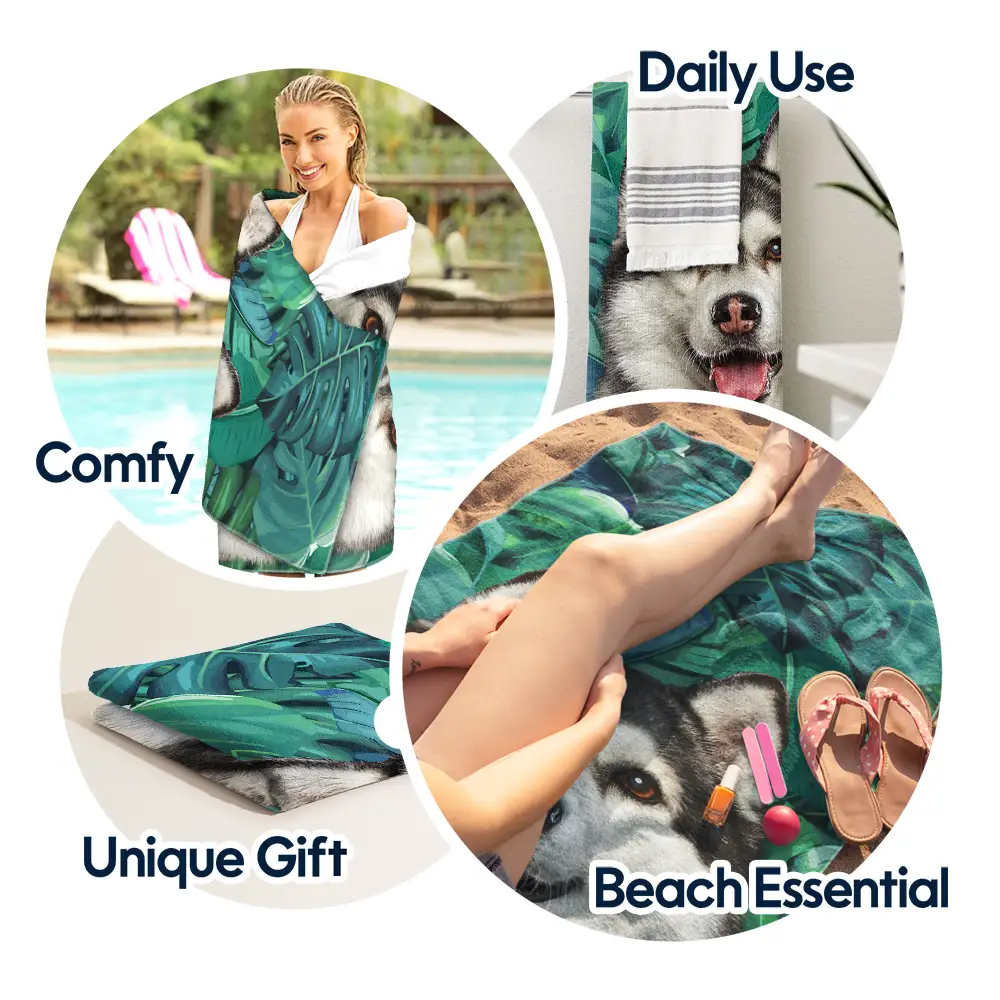 Custom Photo Tropical Leaves Pet Face - Personalized Beach Towel - Image 6
