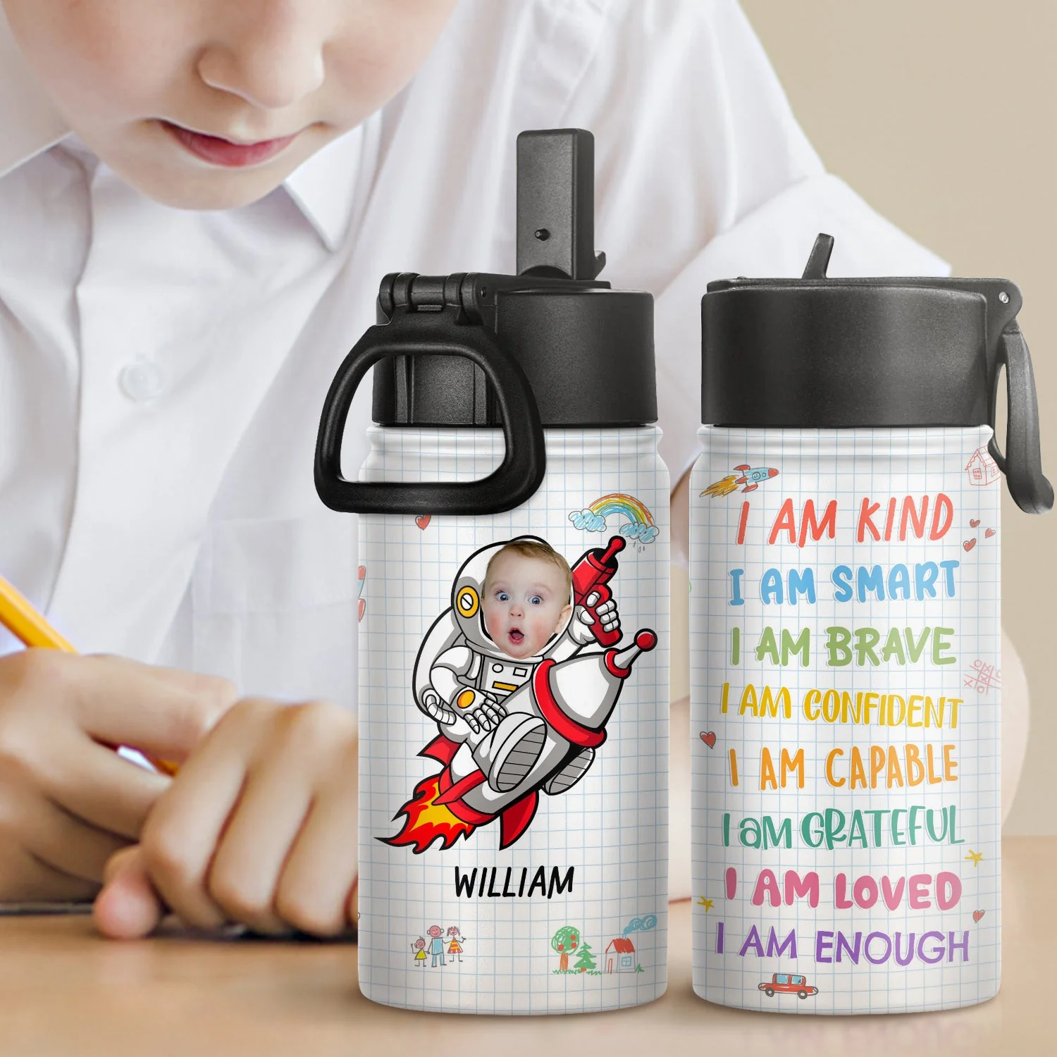 Custom Photo Vehicle I'm Kind Smart Brave Confident - Gift For Kid - Personalized Kids Water Bottle - Image 3