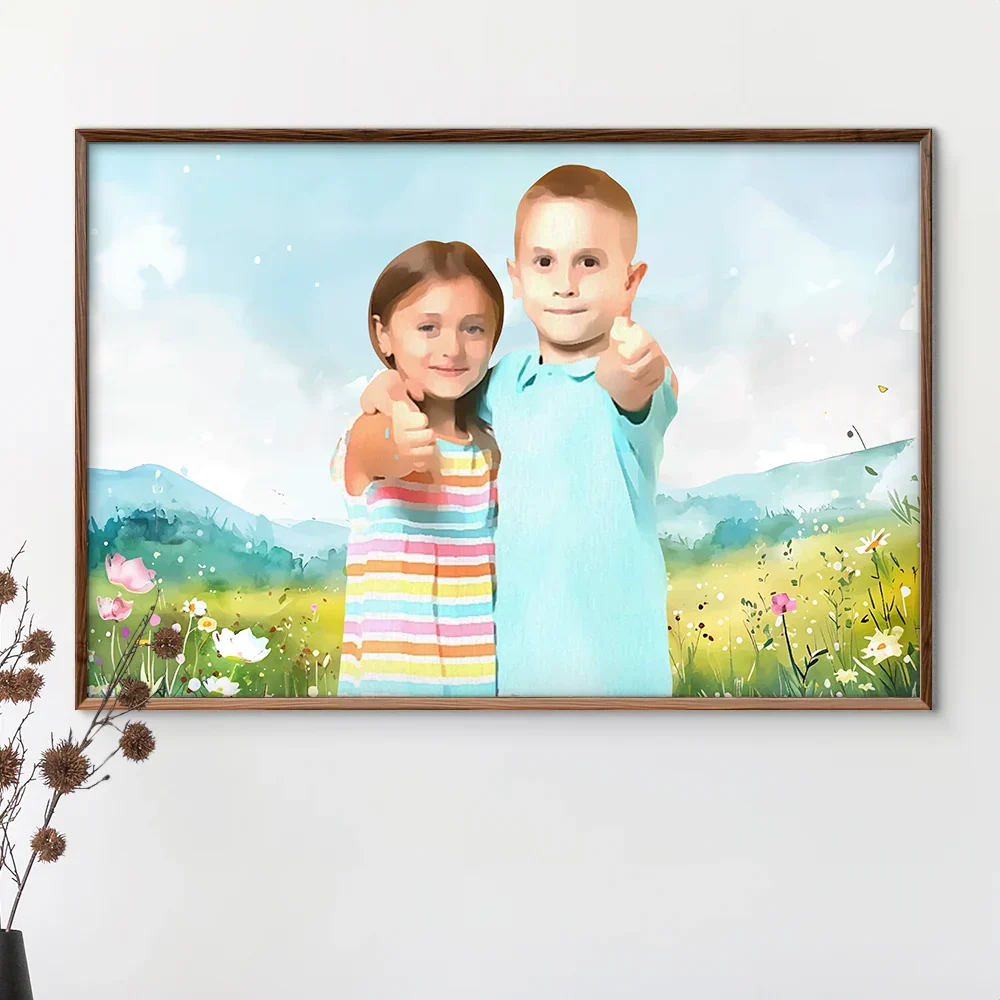 Custom Photo Watercolor Couple Family Besties Landscape - Personalized Poster - Image 3