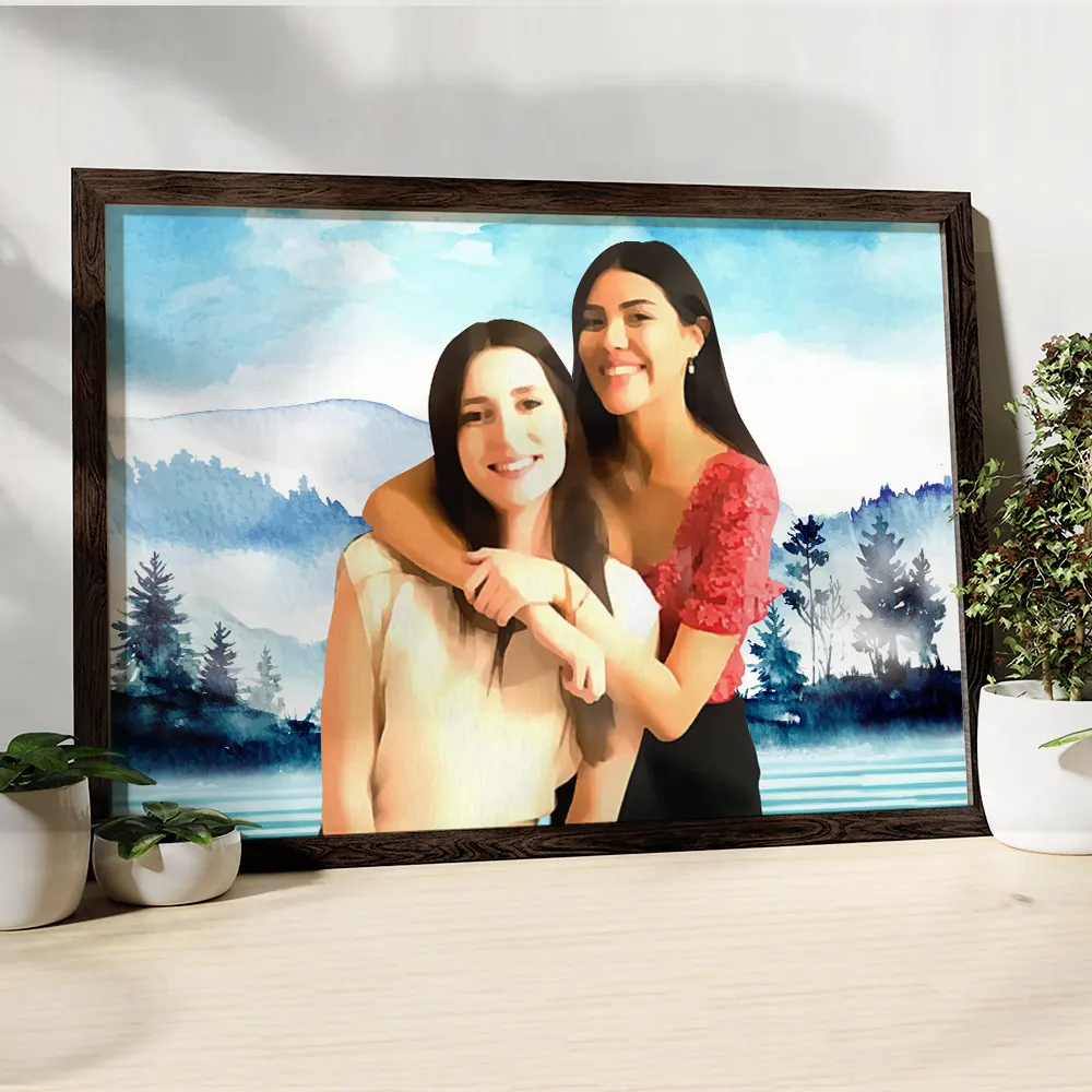 Custom Photo Watercolor Couple Family Besties Landscape - Personalized Poster - Image 4