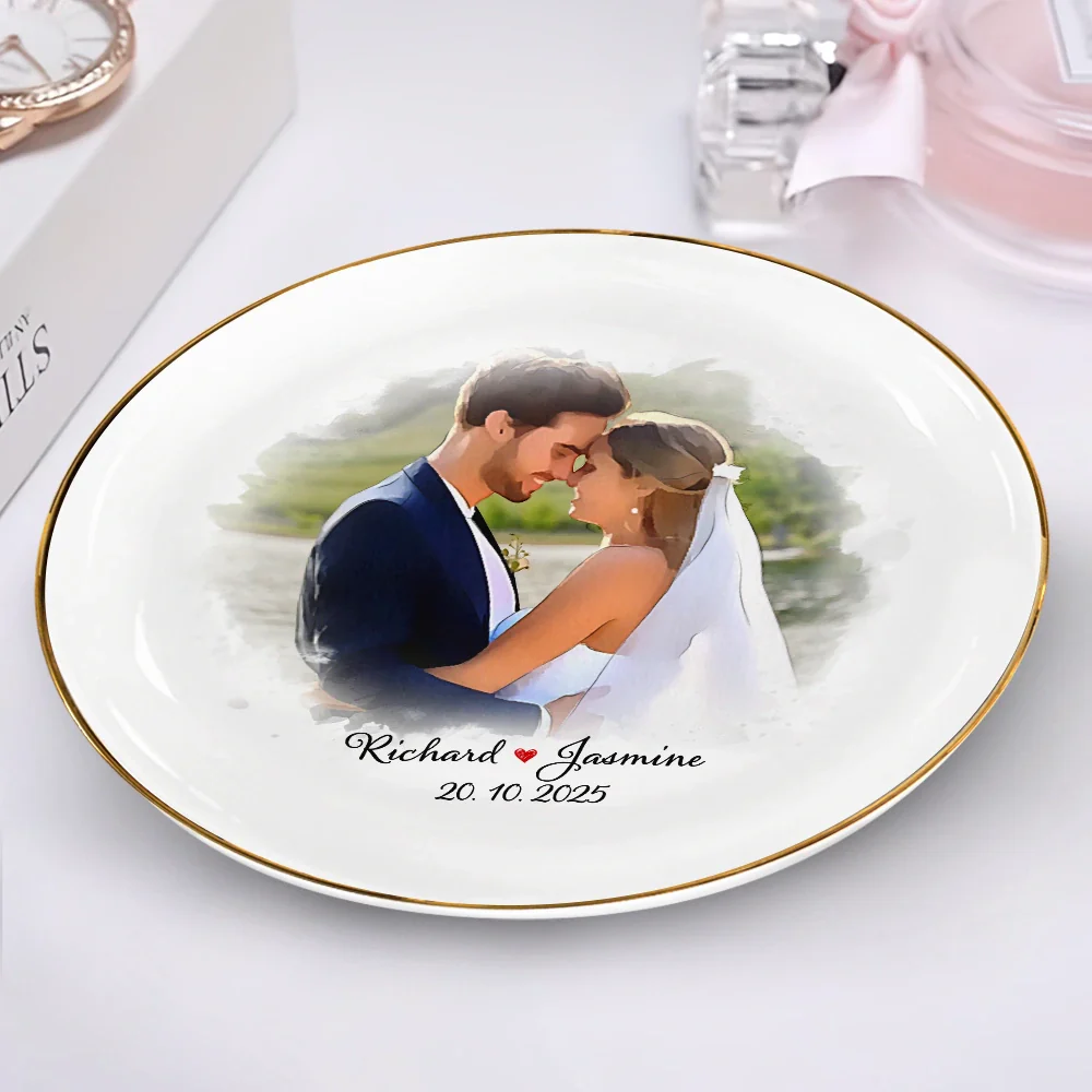 Custom Photo Watercolor Couples Anniversary Gift - Personalized Round Ring Dish - Image 3
