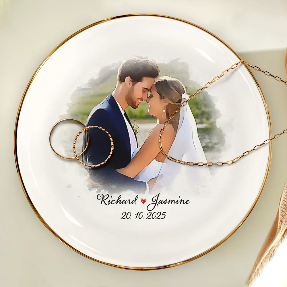Custom Photo Watercolor Couples Anniversary Gift - Personalized Round Ring Dish - Image 5