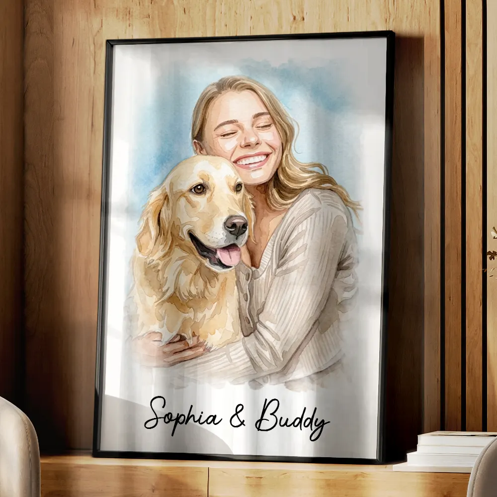 Custom Photo Watercolor Painting Family Besties Dog Cat Portrait - Personalized Poster - Image 4