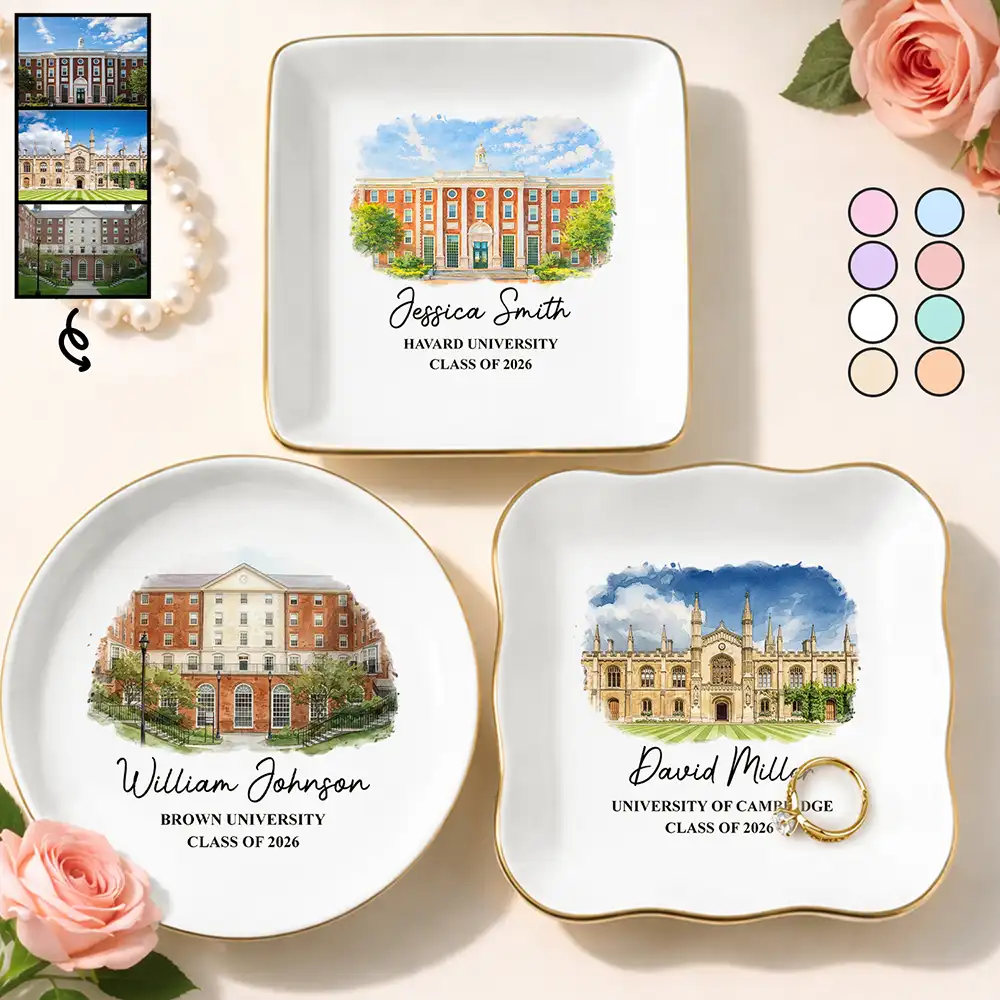 Custom Photo Watercolor Painting University Image - Personalized Ring Dish