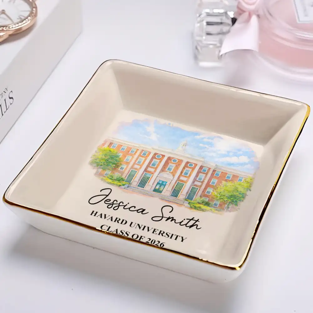 Custom Photo Watercolor Painting University Image - Personalized Ring Dish - Image 2
