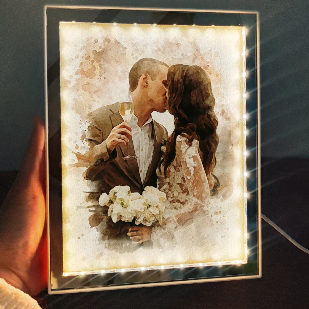Custom Photo Watercolor Portrait Mom Grandma Family Couple - Personalized LED Mirror Frame Lamp - Image 3