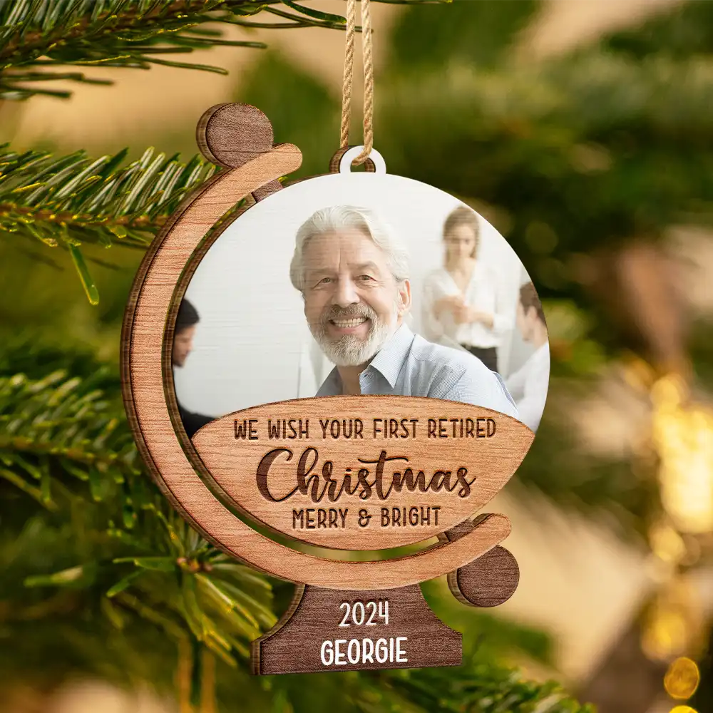 Custom Photo We Wish Your First Retired Christmas Merry & Bright - Personalized Custom Shaped Wooden Ornament - Image 3