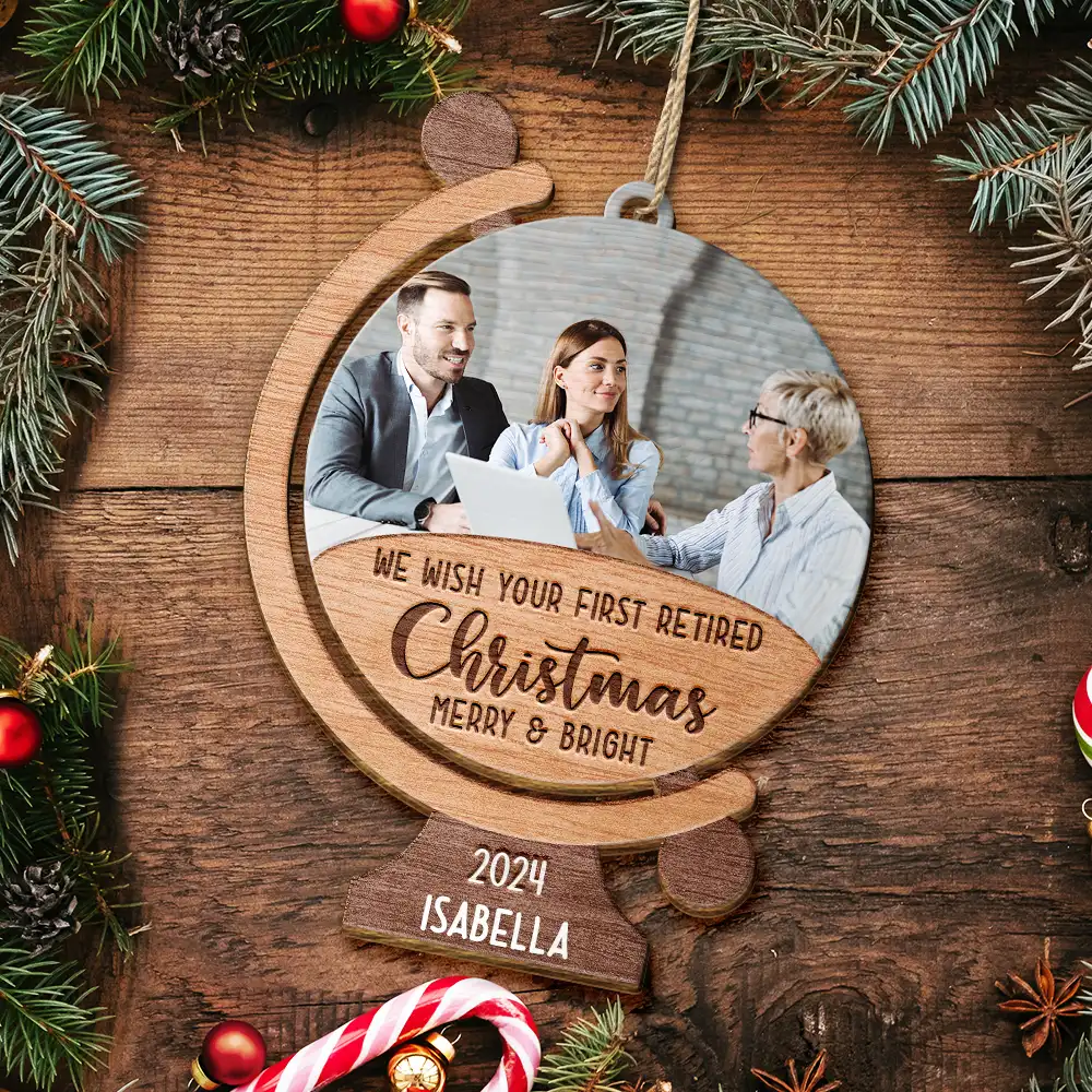 Custom Photo We Wish Your First Retired Christmas Merry & Bright - Personalized Custom Shaped Wooden Ornament - Image 5