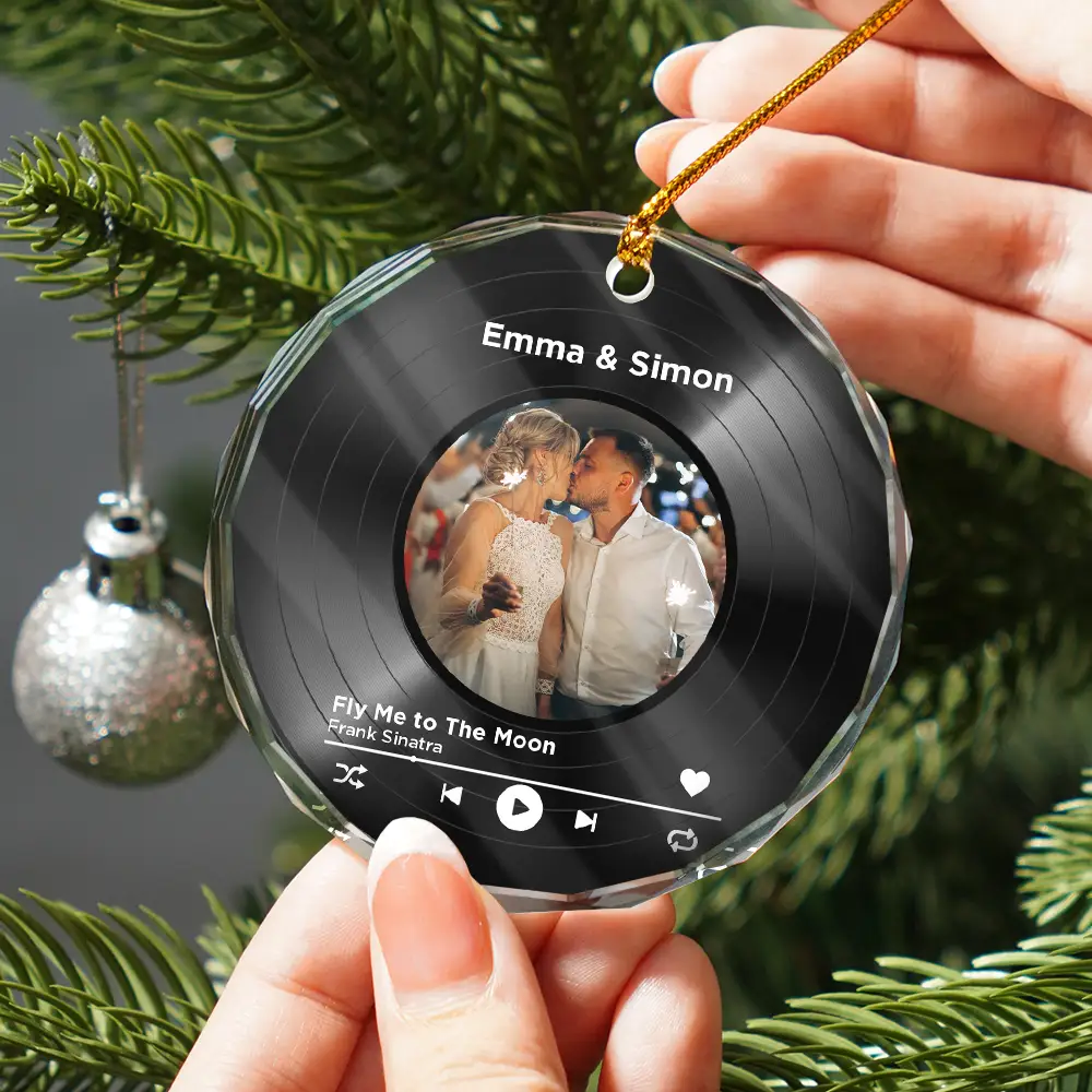Custom Photo Wedding Song Favorite Couple Song - Personalized Circle Glass Ornament - Image 2