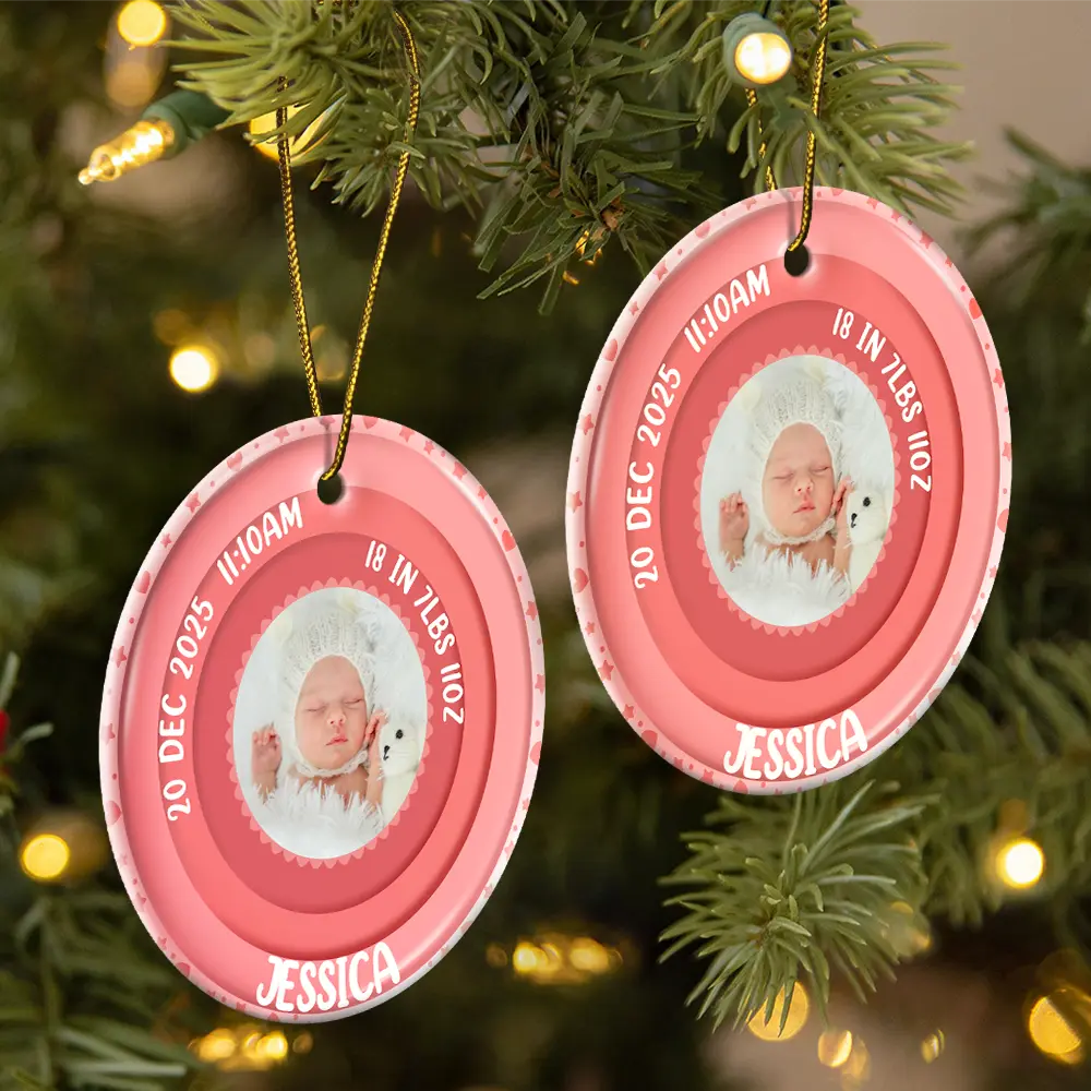 Custom Photo Welcome To The World Baby Stats - Personalized Circle Ceramic Ornament - Image 2