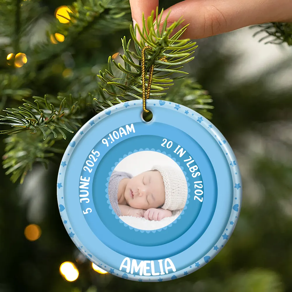 Custom Photo Welcome To The World Baby Stats - Personalized Circle Ceramic Ornament - Image 3