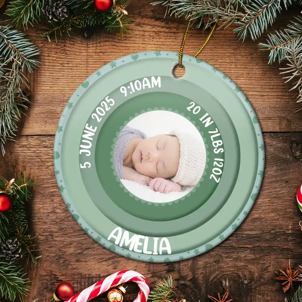 Custom Photo Welcome To The World Baby Stats - Personalized Circle Ceramic Ornament - Image 5