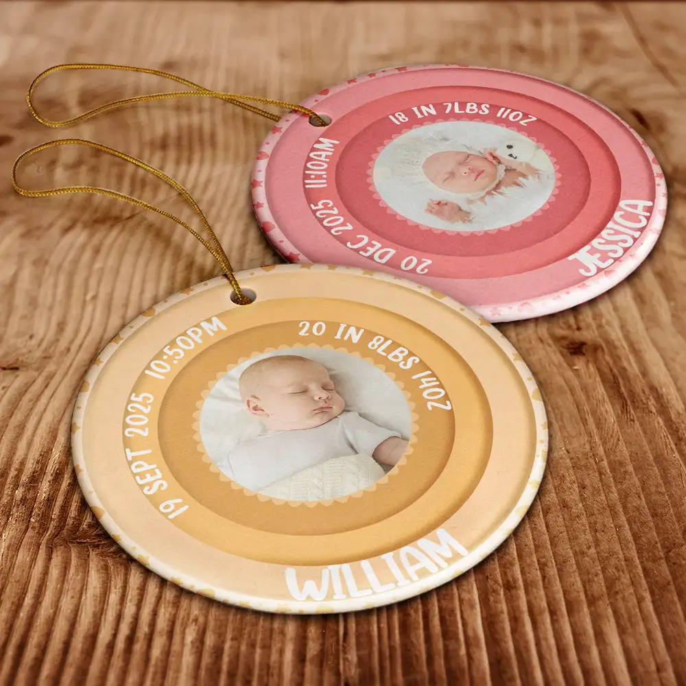 Custom Photo Welcome To The World Baby Stats - Personalized Circle Ceramic Ornament - Image 6
