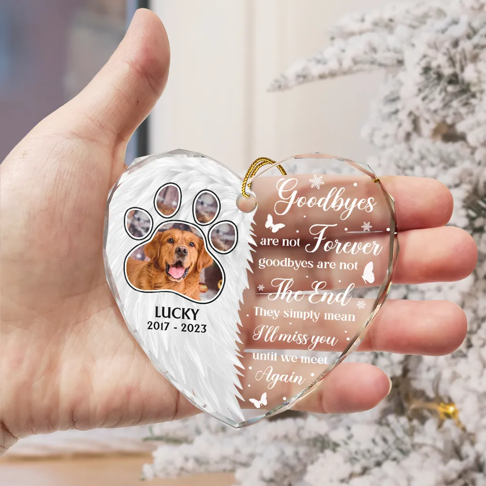 Custom Photo Wings Memorial Goodbyes Are Not Forever - Personalized Heart Shaped Glass Ornament - Image 3