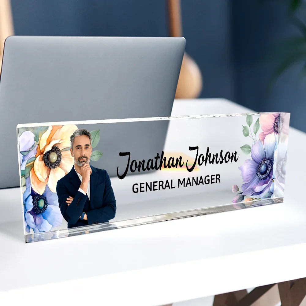 Custom Photo Woman Man Office Flower Frame - Personalized Desk Name Plate - Image 3