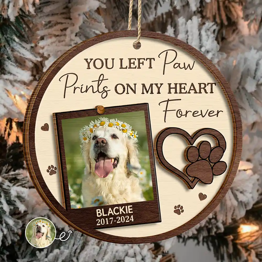 Custom Photo You Left Paw Prints On My Heart Forever - Personalized 2-Layered Wooden Ornament