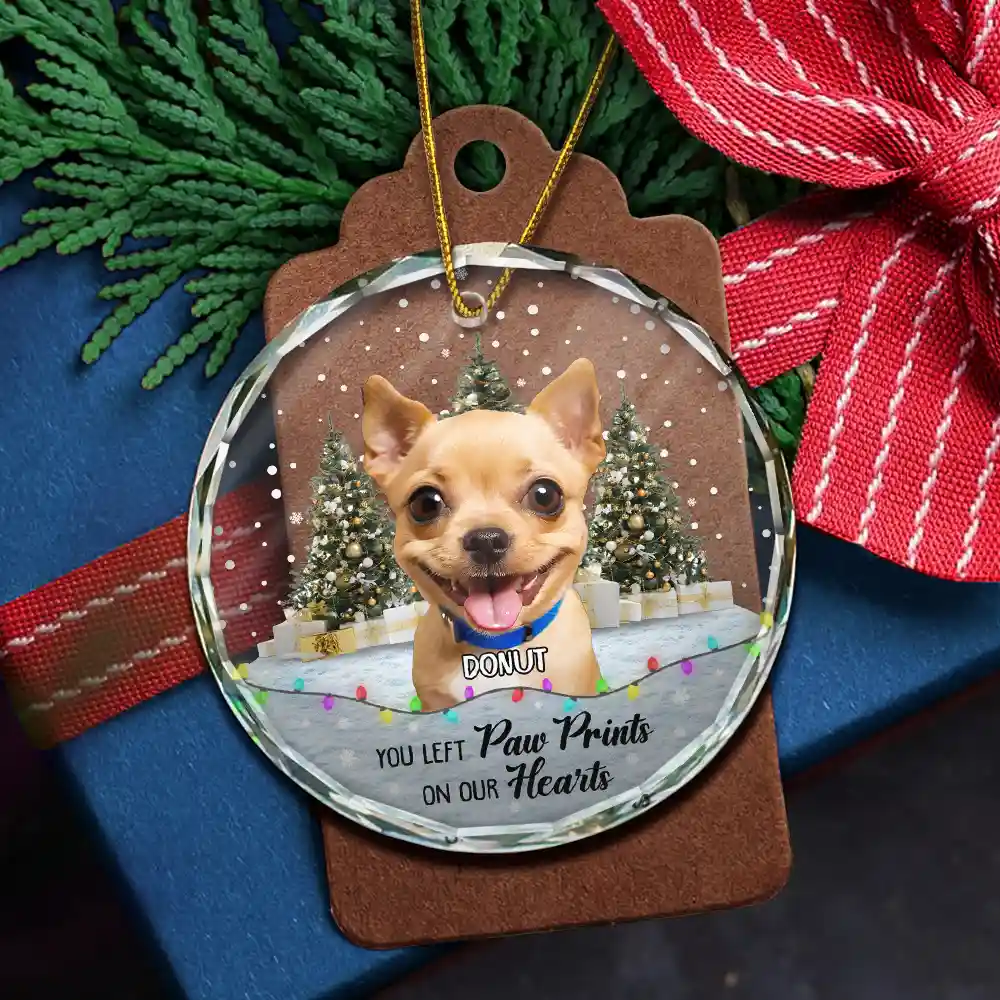 Custom Photo You Left Paw Prints Pet Memorial - Personalized Circle Glass Ornament - Image 6