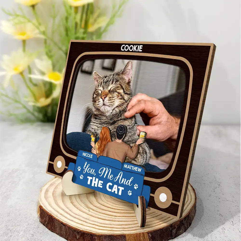 Custom Photo You, Me And The Dog Cat - Personalized 2-Layered Wooden Plaque With Stand - Image 2