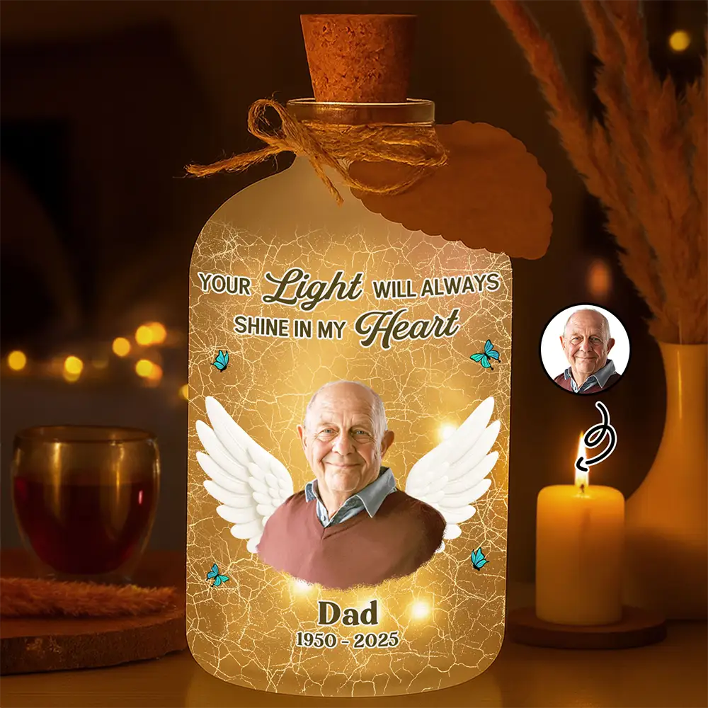 Custom Photo Your Light Will Always Shine In My Heart Crackle Glass Effect - Personalized Short Bottle Light