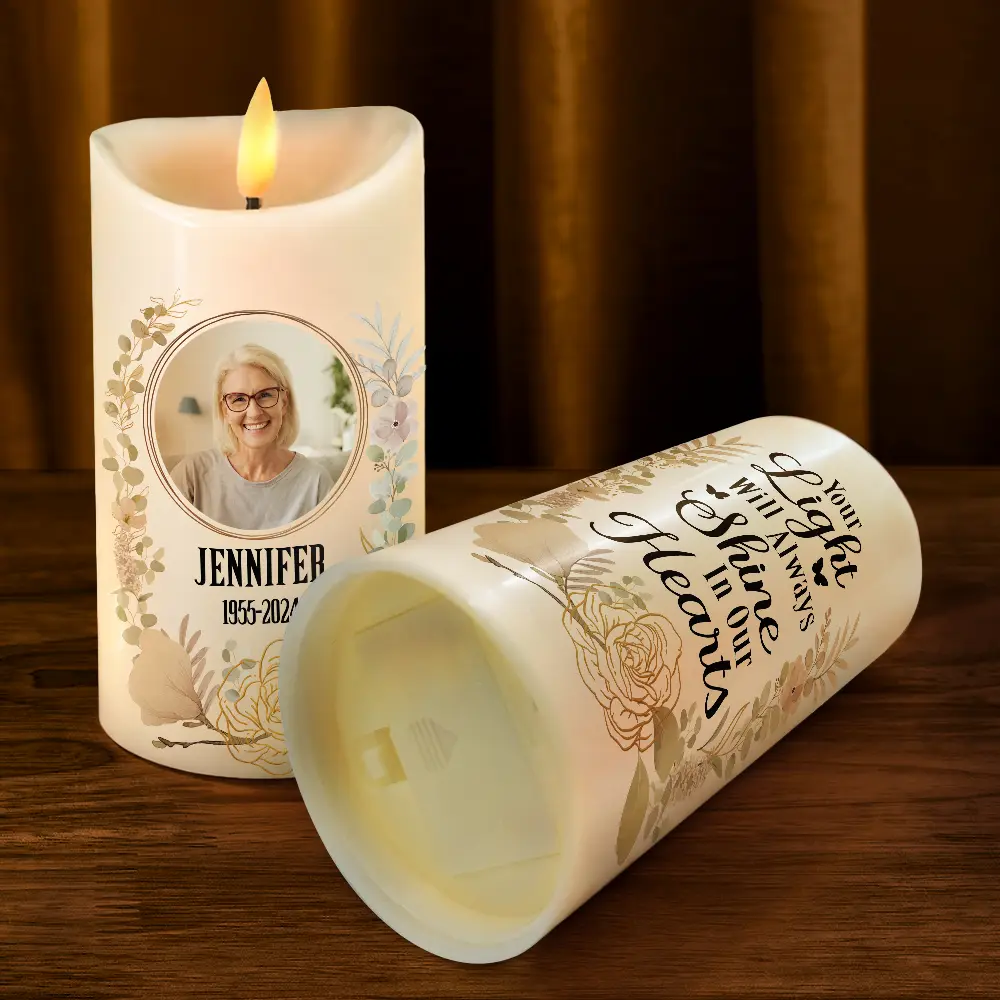 Custom Photo Your Light Will Always Shine In Our Hearts Memorial - Personalized Flameless LED Candle - Image 4