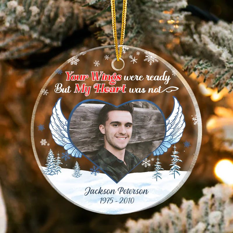Custom Photo Your Wings Were Ready But My Heart Was Not - Christmas Gift - Memorial Gift For Family - Personalized Custom Circle Acrylic Ornament - Image 3