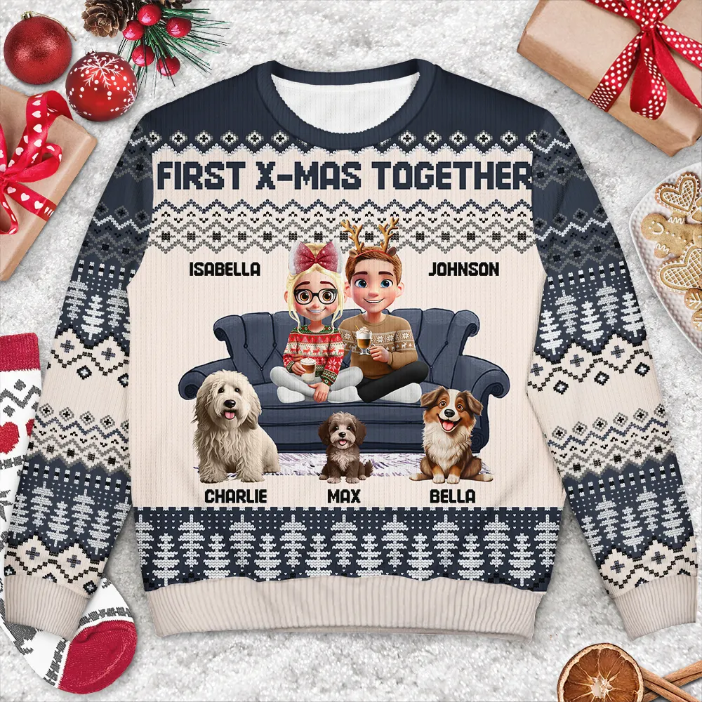 Cute Couple With Kids And Dogs 3D Effect - Personalized Unisex Ugly Sweater - Image 3
