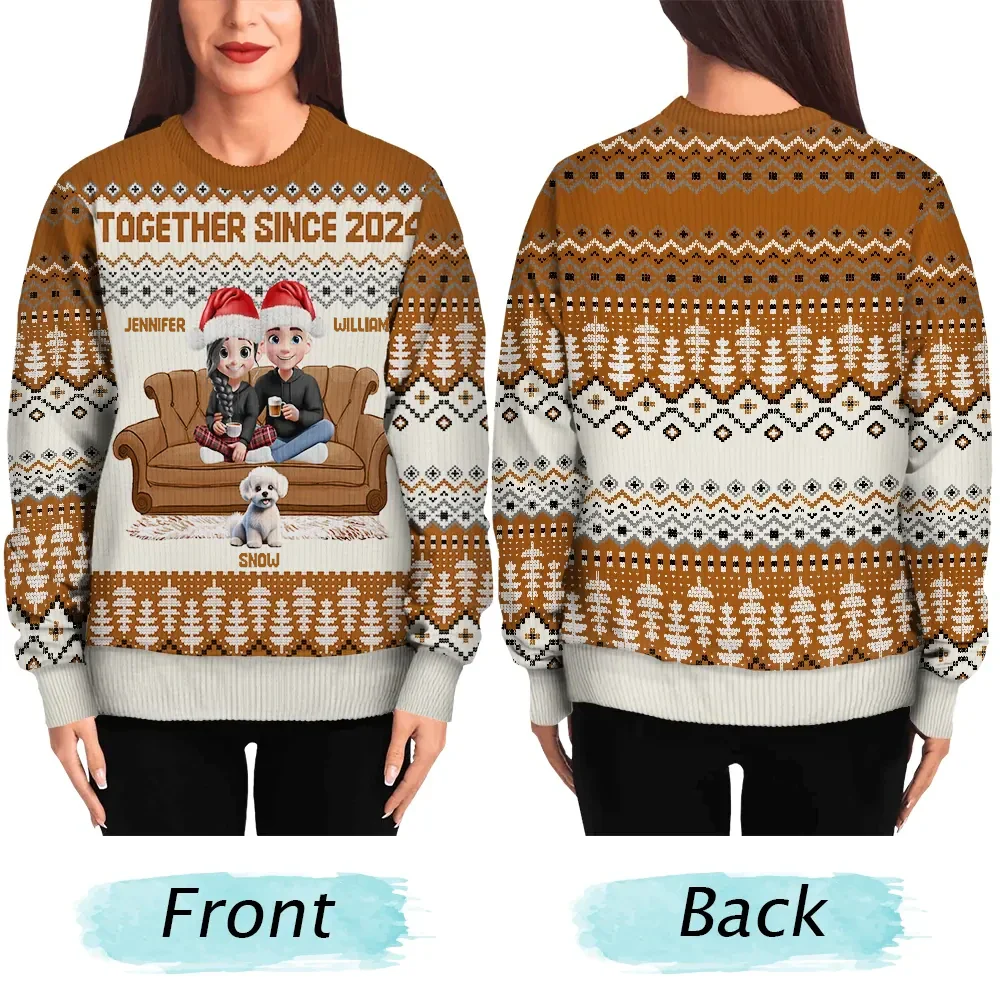 Cute Couple With Kids And Dogs 3D Effect - Personalized Unisex Ugly Sweater - Image 5