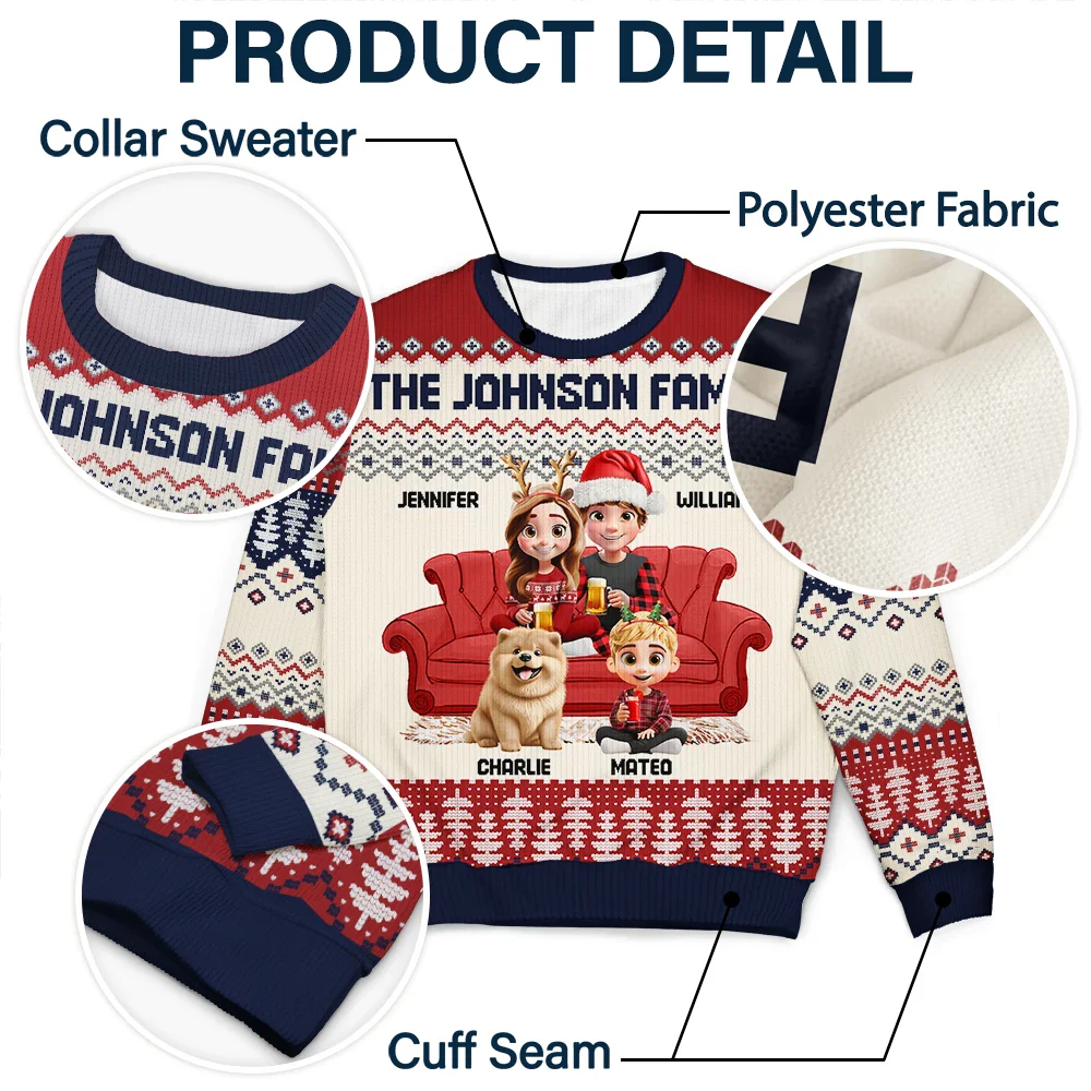 Cute Couple With Kids And Dogs 3D Effect - Personalized Unisex Ugly Sweater - Image 6