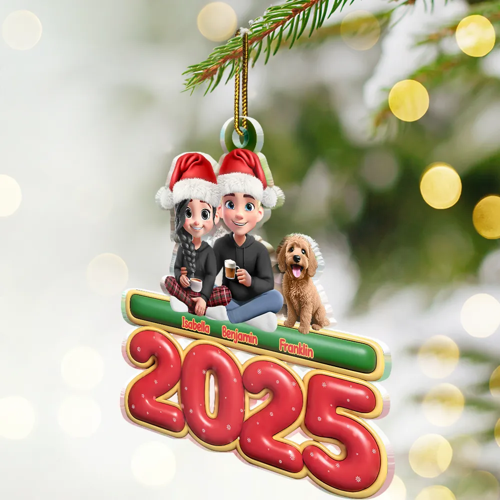 Cute Couple With Kids And Dogs Cats 3D Effect - Personalized Custom Shaped Acrylic Ornament - Image 2