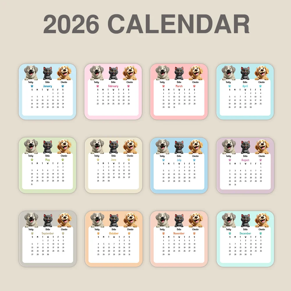Cute Dog And Cat 3D Effect 2026 - Personalized Calendar With Wooden Stand - Image 2