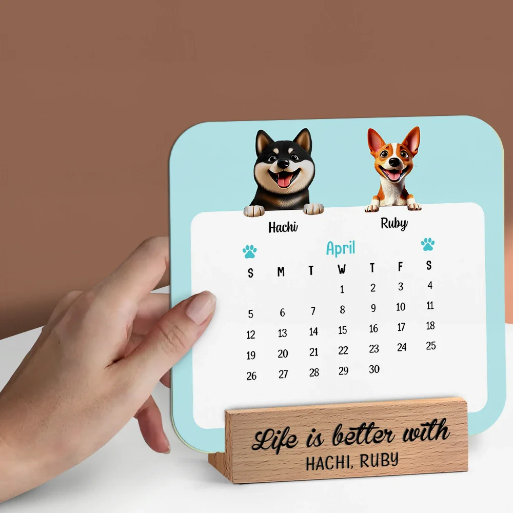Cute Dog And Cat 3D Effect 2026 - Personalized Calendar With Wooden Stand - Image 3