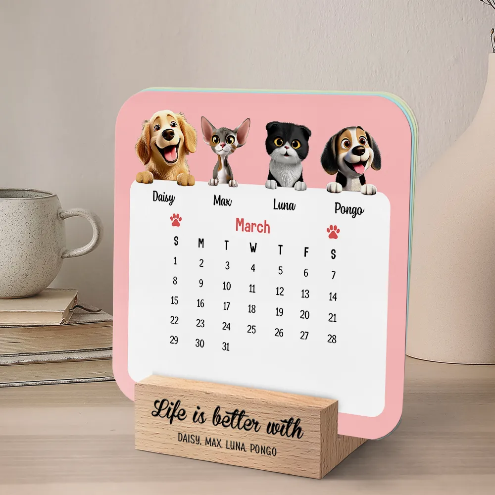 Cute Dog And Cat 3D Effect 2026 - Personalized Calendar With Wooden Stand - Image 4