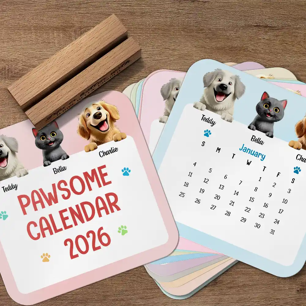 Cute Dog And Cat 3D Effect 2026 - Personalized Calendar With Wooden Stand - Image 5