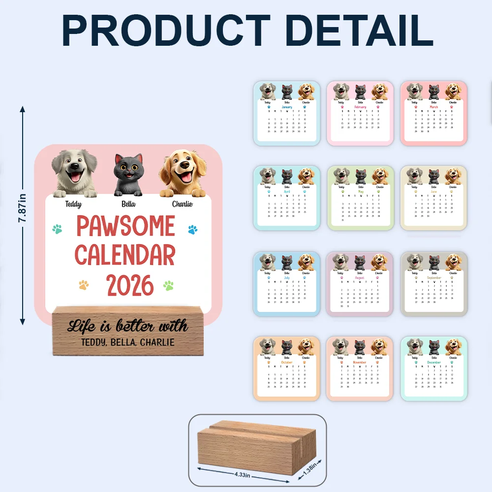 Cute Dog And Cat 3D Effect 2026 - Personalized Calendar With Wooden Stand - Image 6