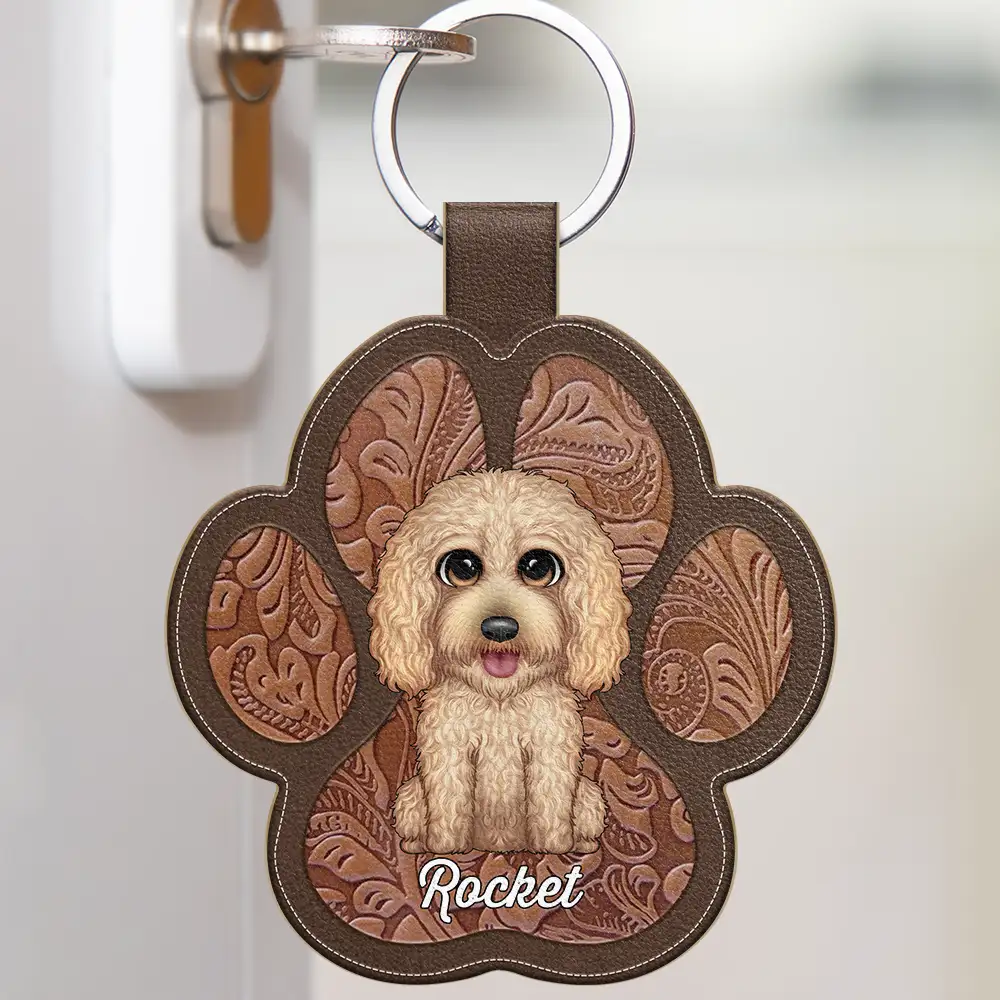 Cute Dog Cat Faux Engraving - Personalized Custom Shaped Leather Keychain - Image 2