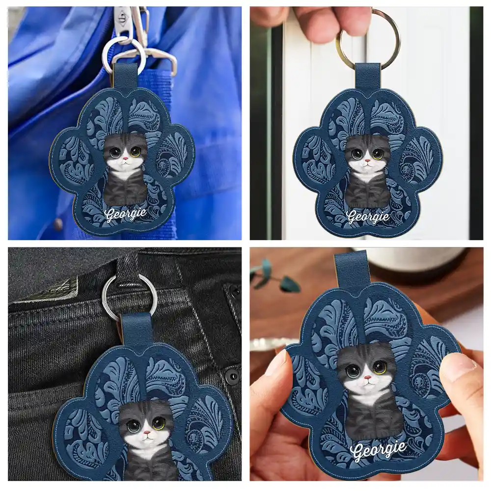 Cute Dog Cat Faux Engraving - Personalized Custom Shaped Leather Keychain - Image 5