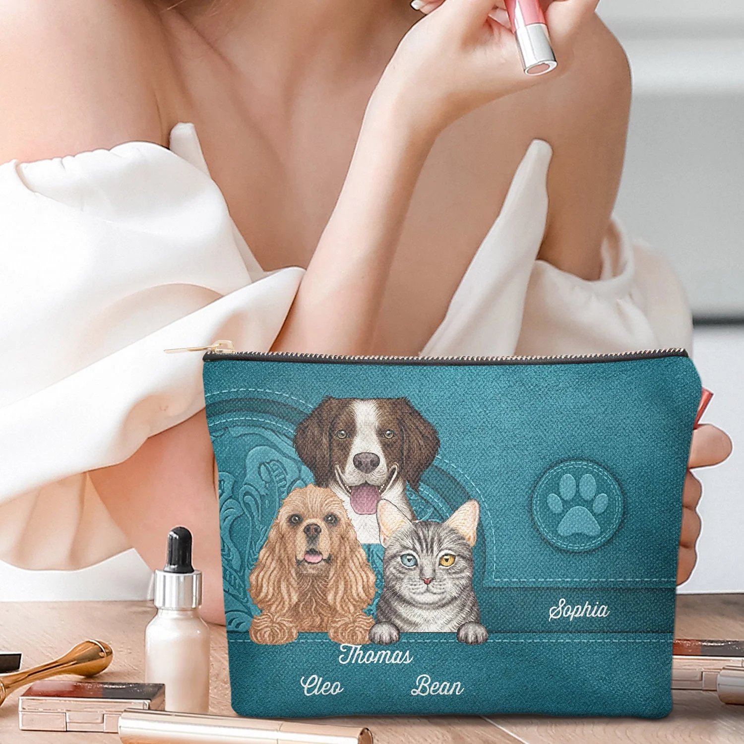 Cute Dogs And Cats Aesthetic Pattern - Birthday, Loving Gift For Pet Lovers, Dog Mom, Cat Mom - Personalized Cosmetic Bag - Image 2