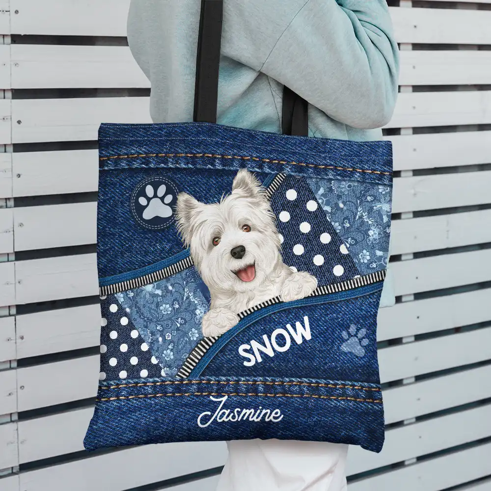 Cute Dogs Denim Pattern - Personalized Zippered Canvas Bag - Image 2