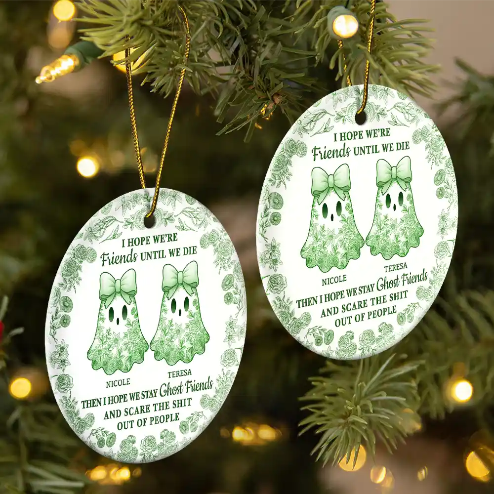 Cute Ghost Bestie Friends Until We Die Toile De Jouy Pattern - Personalized Circle Ceramic Ornament - Image 2