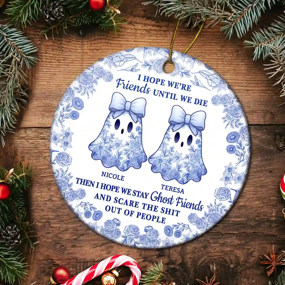 Cute Ghost Bestie Friends Until We Die Toile De Jouy Pattern - Personalized Circle Ceramic Ornament - Image 5