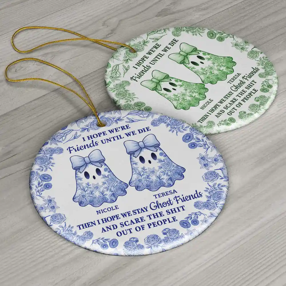 Cute Ghost Bestie Friends Until We Die Toile De Jouy Pattern - Personalized Circle Ceramic Ornament - Image 6