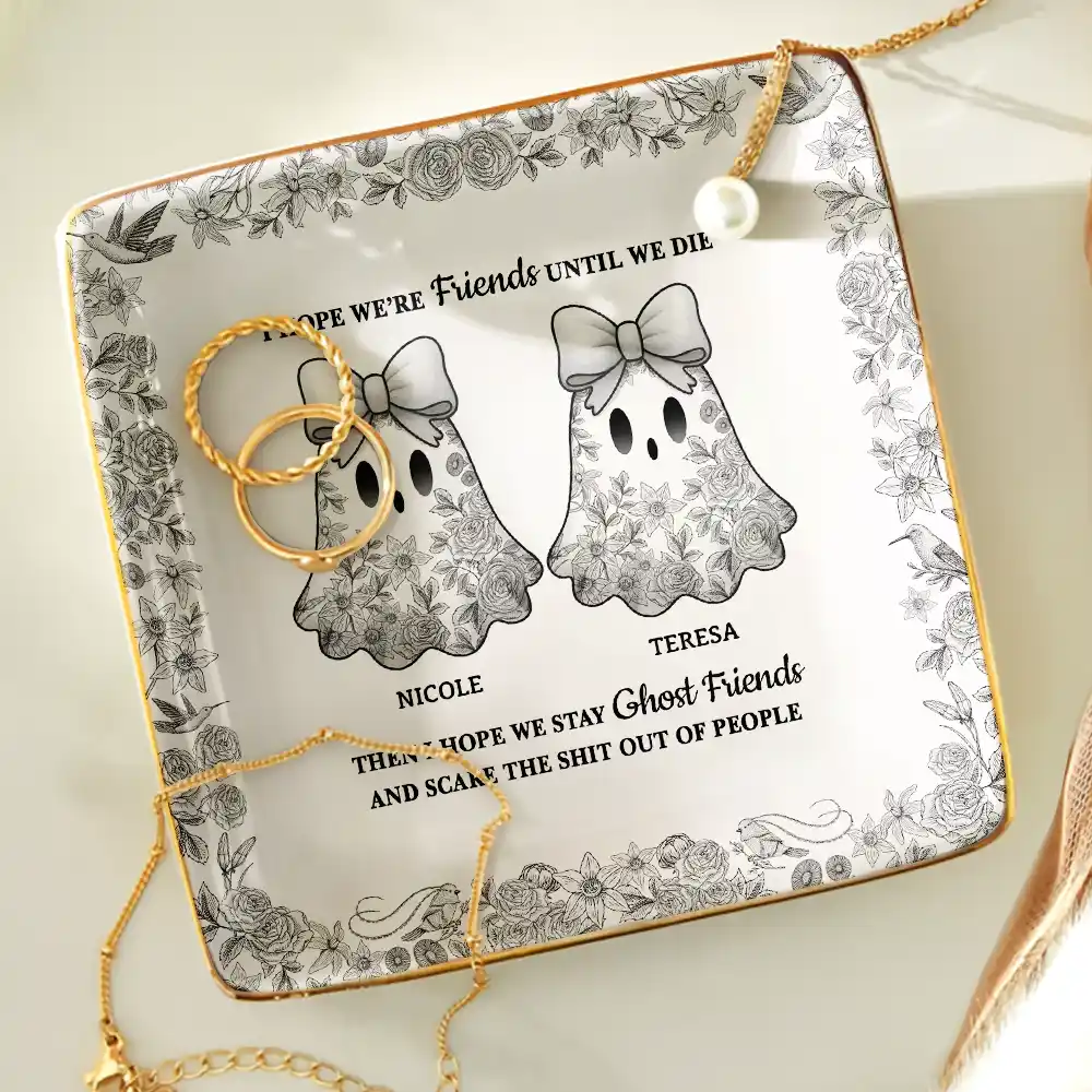 Cute Ghost Bestie Friends Until We Die Toile De Jouy Pattern - Personalized Ring Dish - Image 4